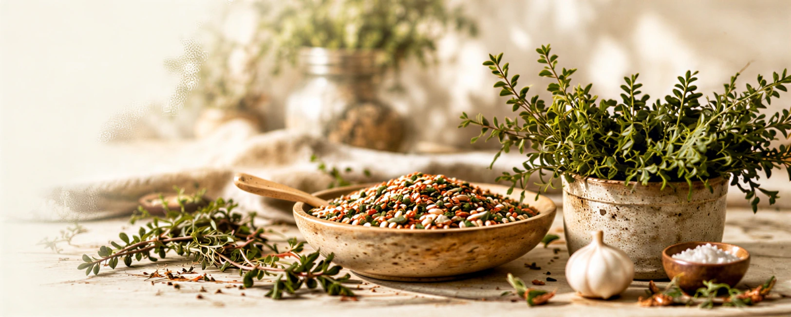 Seasoning, herbs and garlic on a kitchen counter