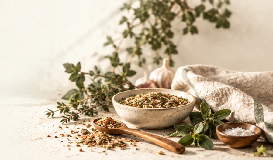 Herbs, garlic, and a bowl of seasoning
